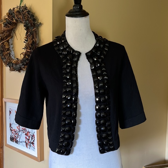 TRINA TURK Size Medium Crop Cardigan Black Gemstones Trim Cashmere Cotton $249 - Picture 3 of 16